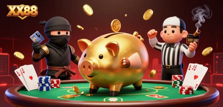 Experience thrilling moments at XX88 with a dynamic gaming scene of vibrant casino elements.