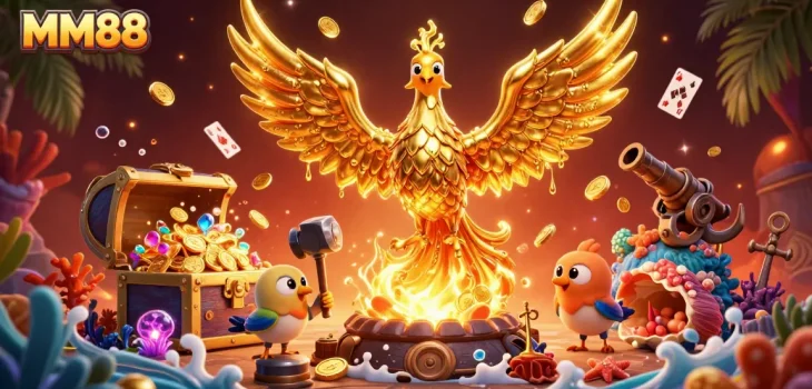 Experience thrilling gameplay with MM88 as golden phoenix rewards players with treasures.